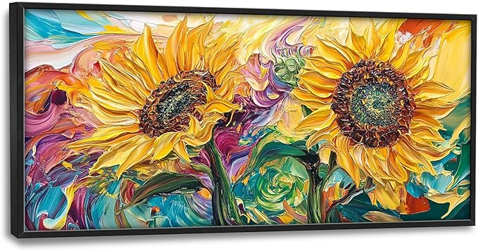 Framed Large Wall Art for Living Room, Sunflower Canvas Wall Decor, Flower Pictures Painting, Natural Landscape Artwork for Living Room Bedroom Office 60L'' × 30W''