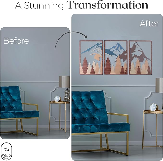 OUR NEST Metal Wall Art Set of 3 – Abstract Mountain Landscape Panels, 3D Rustic Nature Wall Decor for Living Room, Bedroom, Bathroom – Minimalist Metal Wall Sculpture, Modern Home Décor Gift (16" x 11")