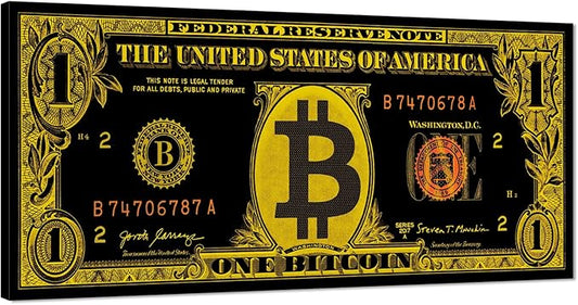 Extra Large Modern Home Living Room Decor Bitcoin Canvas Wall Art Black Golden Retro Money Artwork Poster and Prints Framed Easy to Hang-48x24 inches