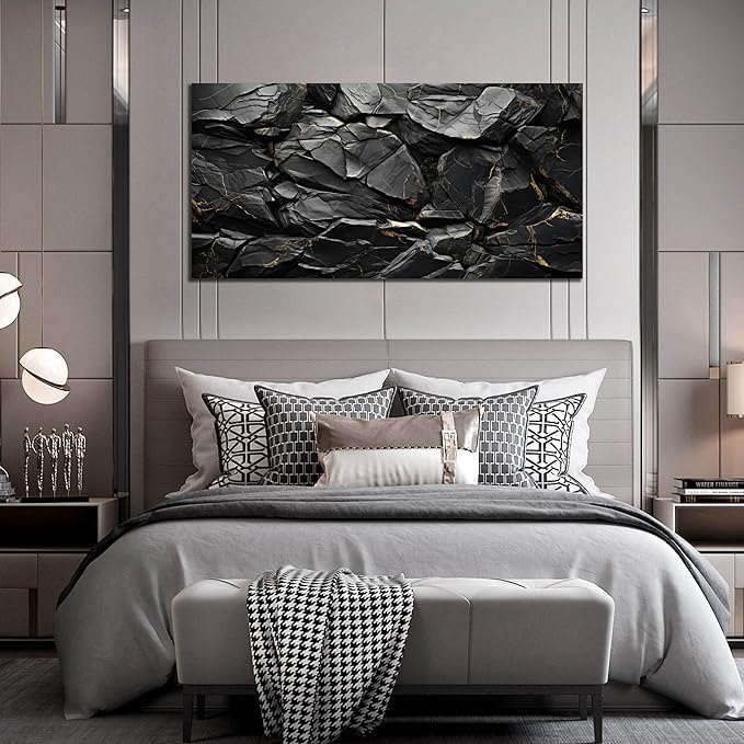 Black Stone with Golden Vein Canvas Wall Art for Living Room, Smooth Flat Rock Picture Wall-Decor for Bedroom, Canvas Printed Artwork Decoration for Office, Large Size 59x29 Inches (Not 3D or Textured)