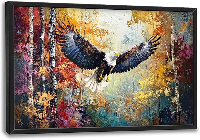 Extra Large Framed Bald Eagle Wall Art,Abstract Colorful Forest Wall Decor,Autumn Fall Forest Pictures for Living Room,Canvas Print Painting Modern Artwork Bedroom Office Home Decor 36L x 24W