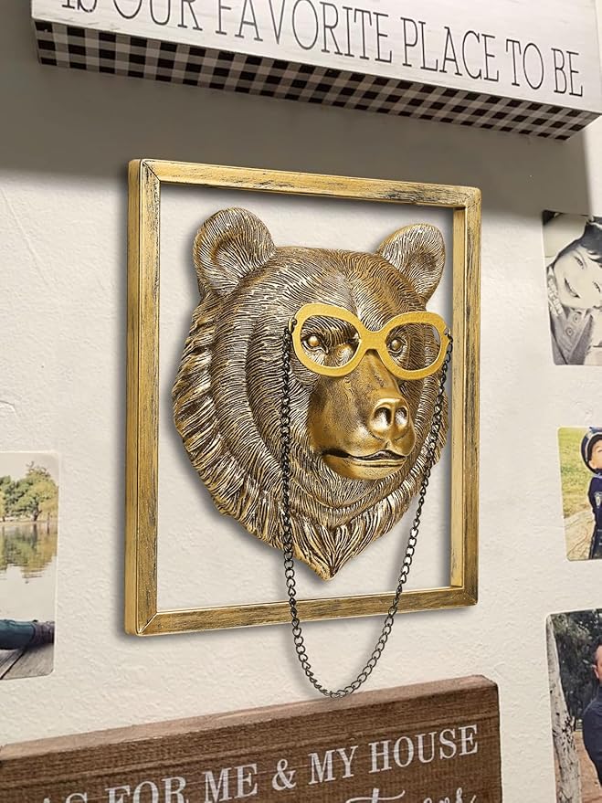 Animal Heads Wall Decor (Includes Metal Frame) Resin Animals Sculptures Head Wall Hanging Decoration Gold vintage Wall Sculpture for Living Room Bedroom Office(Bear)