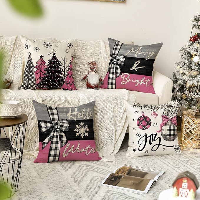 AVOIN colorlife Merry Christmas Joy Xmas Trees Pink Throw Pillow Covers, 18 x 18 Inch Christmas Winter Holiday Cushion Case Decoration for Sofa Couch Set of 4