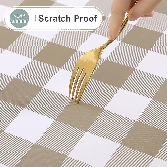 misaya Rectangle Waterproof Vinyl Table Cloth, Buffalo Flannel Backed Tablecloth, Wipeable Plastic Table Cover for Fall, Thanksgiving (52" x 70", Khaki and White)