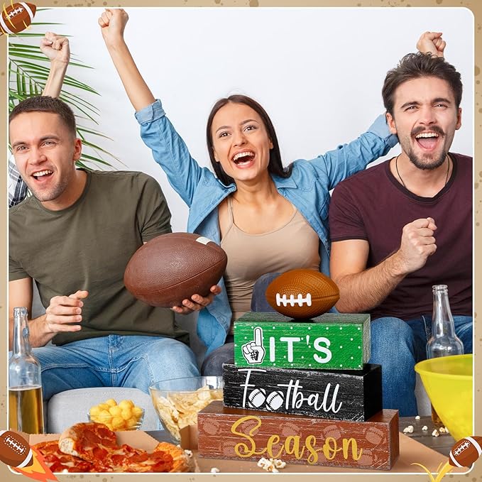 Geelin 4 Pcs Football Table Decorations Fall Football Tiered Tray Decor Wooden Sign Centerpiece Decorative Faux Book Stack Block for Coffee Table Fireplace Mantel Floating Shelf