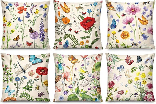 Red Pink Flower Pillow Cover 16x16 Set of 6 Summer Throw Pillow Covers Colorful Floral Cushion Covers for Couch Sofa Living Room Home Decor