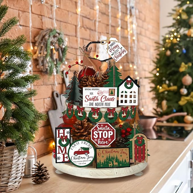 17 Pcs Christmas Tiered Tray Decor Set Winter Tiered Tray Decorations Farmhouse Tabletop Centerpiece Christmas Wooden 3D Sign for Xmas Home Buffalo Plaid Rustic Table Decoration(Fresh)