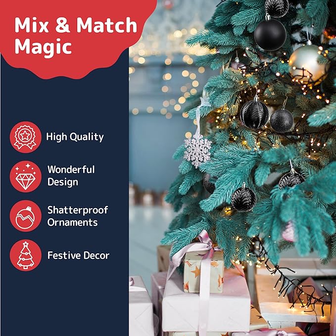 PREXTEX 36-Piece Black Christmas Ornaments - Shatterproof Tree Balls in 6 Styles and 3 Sizes with Hanging Loops to Decorate Black Christmas Tree - Ideal for Indoor and Outdoor Holiday Decor