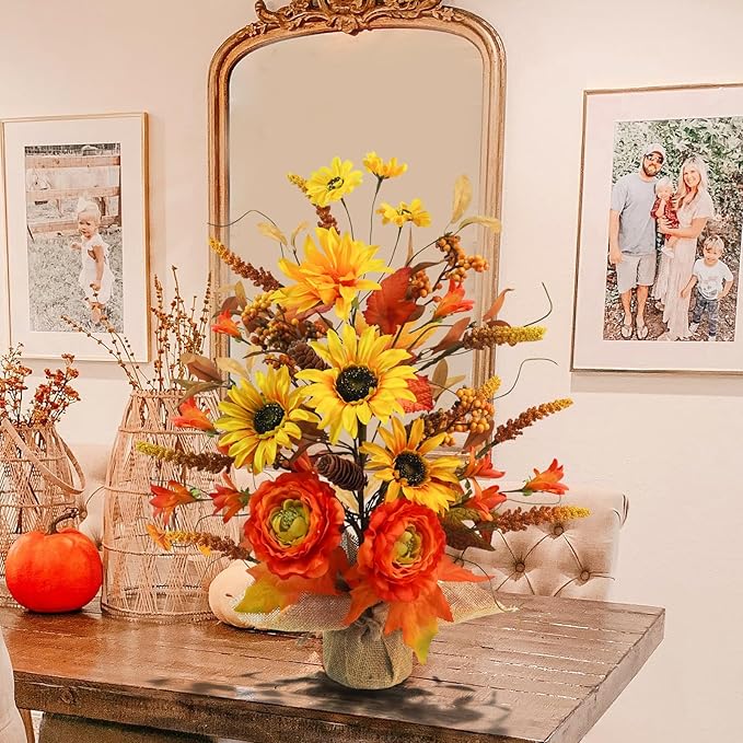 Fall Table Tree, Tabletop Artificial Fall Tree with Sunflowers Berries Maple Leaves Burlap Base Fall Decorations for Autumn Office Home Harvest Thanksgiving Party