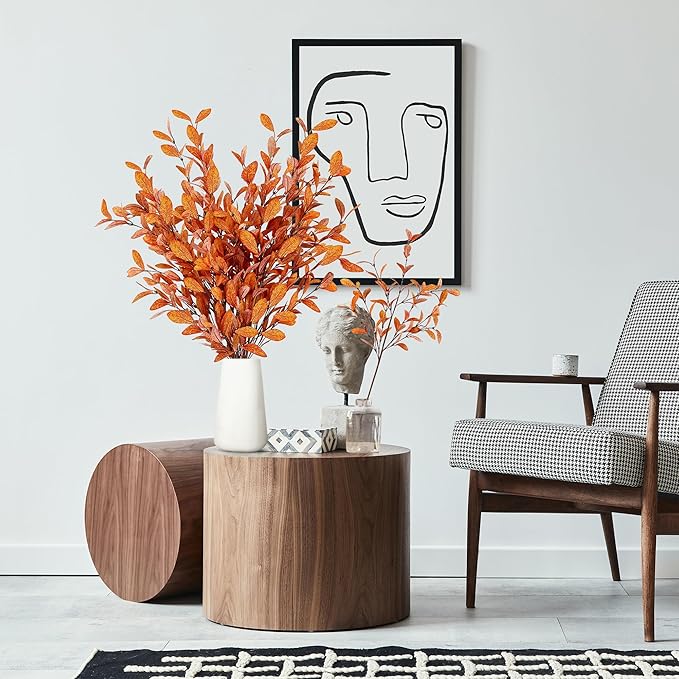 Sggvecsy 6 Pcs Artificial Fall Eucalyptus Stems Fall Eucalyptus Leaves Silk Autumn Leaf Branches Fall Decorations for Home Vase Thanksgiving Table Centerpieces Harvest Festival Decor (Orange)