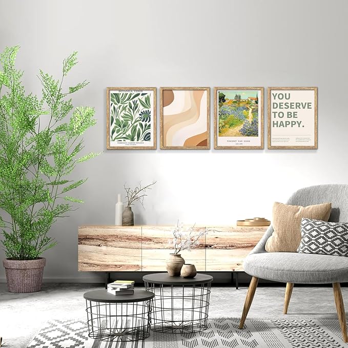 GUMEYJIA Framed Modern Wall Art Print Set 4 Piece Wall Decor Collection Botanical Verde Desert Contemporary Van Gogh Garden Inspirational Quote Art (11"x14")