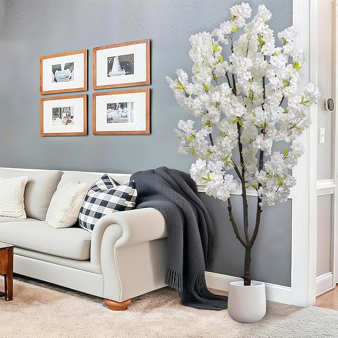 Faux White Cherry Blossom 6ft(72in) Artificial Floor Plant for Indoor Decor Natural Potted Tree with Texture Flowers and Realistic Wood Trunk for Home Living Room,Office Perfect Housewarming Gift