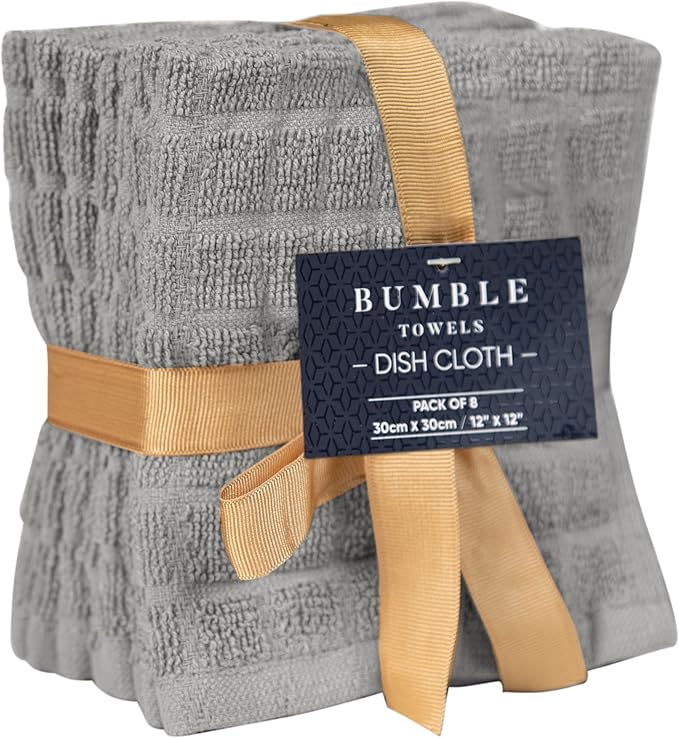Premium Dish Towels (12”x 12”, 8 Pack) | Cotton Kitchen Hand Towels | Kitchen Towels | Highly Absorbent Tea Towels Set | Grey