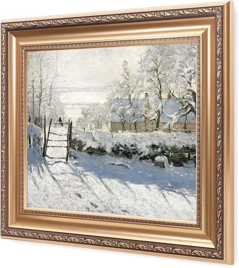 DECORARTS - The Magpie by Claude Monet. Classic Art Reproduction, Giclee Print on Canvas. Ready to Hang Framed Wall Art for Wall Decor. Total Size w/Frame: 26x22