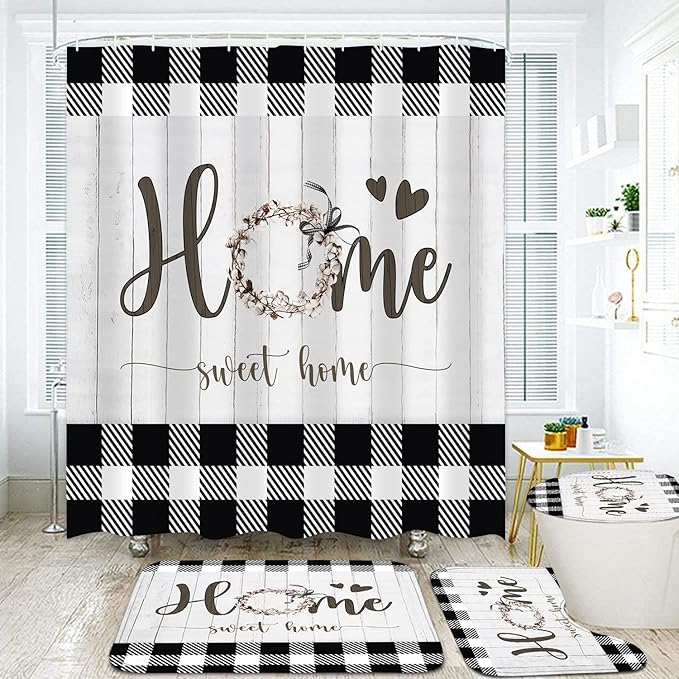 FZDHHY Black and White Shower Curtain Set Home Sweet Home Bathroom Sets with Rugs,Rustic Plaid Bathroom Shower Curtain Set with Carpet Bath Mat Toilet Rugs