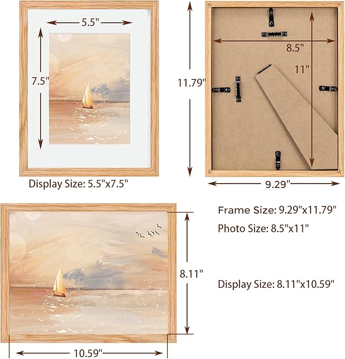 8.5x11 Picture Frame, Oak Wood Frame 8.5 x 11, 8.5 by 11 Wood Frames with Glass, 8.5x11 Matted frame for 6x8, Real Wood 8.5"x11" Photo Frame with Stand, Natural Oak Color, 1 Pack