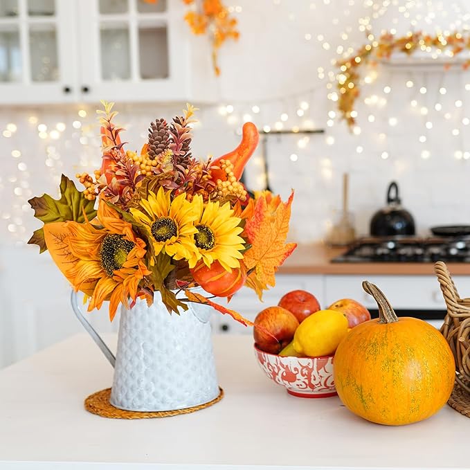 GENMOUS Fall Decor- 2Pcs Artificial Fall Flowers, Fall Picks Floral Arrangements Sunflower Pumpkin Autumn Decor Centerpieces Faux Flowers Maple Leaf Party Bridal Wedding Home Thanksgiving Decorations