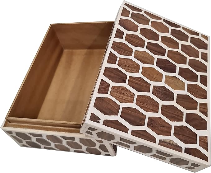 collectiblesBuy Honeycomb Bone Inlay Jewelry Box – Handcrafted Decorative Organizer for Keepsakes, Dresser & Vanity | Elegant Bedroom Storage Box & Unique Gift Decor