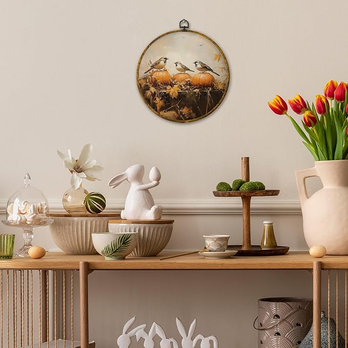 Mcehtle Rustic Fall Bird Pumpkin Wall Art Decor, Autumn Maple Leaf Sparrow Bird Framed Canvas Prints 10x10, Thanksgiving Halloween Farmhouse Round Wall Hanging Artwork Decorations for Home Bedroom