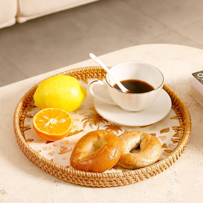 Round Rattan Tray with Mother of Pearl Inlay & Wooden Base - Decorative Wicker Serving Tray for Coffee/Bread/Fruits, Food Storage & Display - Multipurpose Home Decor (L,Island)