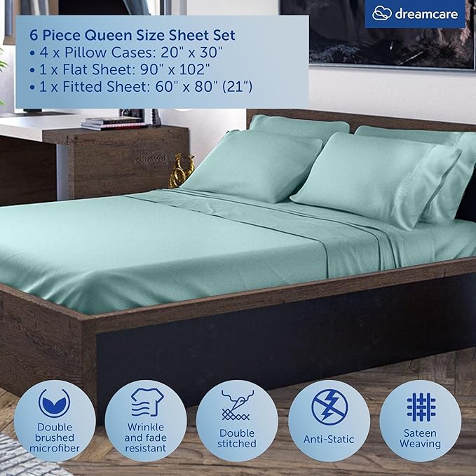 DREAMCARE Queen Sheet Set – 6 pcs Cooling Bed Sheets – up to 21” Deep Pocket Queen Sheets Set – 2500 Supreme Collection – Extra Soft 100% Brushed Microfiber Hotel Luxury with Side Pocket – Spa Blue