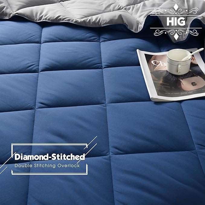 HIG 3pc Navy Queen Size Comforter Set-All Season Reversible Down Alternative Comforter with Two Shams -Quilted Duvet Insert with Corner Tabs - Diamond Stitched Blanket - Breathable, Soft, Fluffy