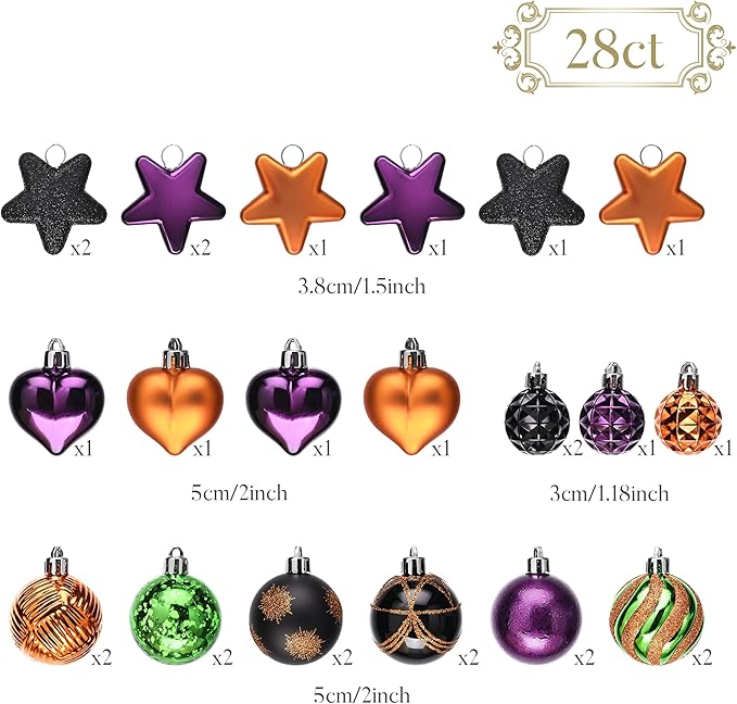 Valery Madelyn 28Pcs Halloween Heart Shaped Ornaments Gift Pack, Halloween Craft Painted Tree Heart Decorations, Orange Purple Green Christmas Baubles Hanging Indoor Holiday Party Decor
