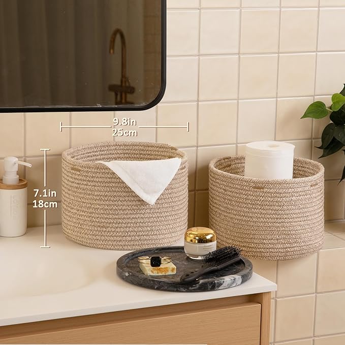 OIAHOMY Small Storage Baskets for Organizing,Closet Cube Shelf Storage, 9.8”×9.8”×7.1”, Woven Cotton Rope Gift Baskets for Nursery,Cute Dog Toy bins, Round 3 Packs, Brown