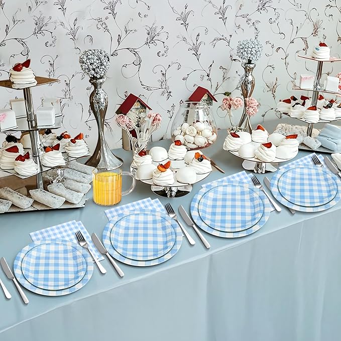 180Pcs Blue Gingham Party Supplies Paper Plates and Napkins Serve 60 Disposable Tableware Set for Birthday Party Decorations Game Day Family School Holiday Sports Events