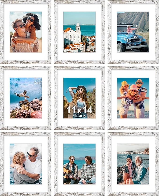 Vittanly 11x14 Picture Frames Set of 9, Shatter Resistant Plexiglass, Display 8x10 Pictures with Mat or 11x14 without Mat, Photo Frames for Wall or Tabletop, Engineered Wood, Distressed White
