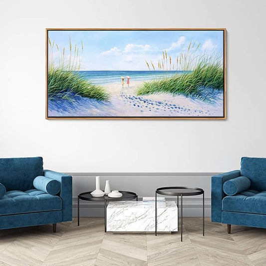 Coastal Wall Art - Large Landscape Wall Art for Living Room, Bedroom Pictures, Ocean Beach Artwork, Blue painting, Above Bed Decor, Coastal Landscape Wall Decor,Framed Beach Pinting 24×48IN