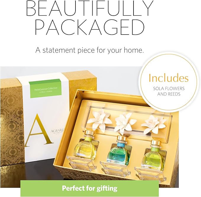 AGRARIA Citrus & Floral PetiteEssence Collection, Handmade Sola Flower Reed Diffuser Set of 3, Luxury Home Fragrance Scented Oil Diffuser Gift Set