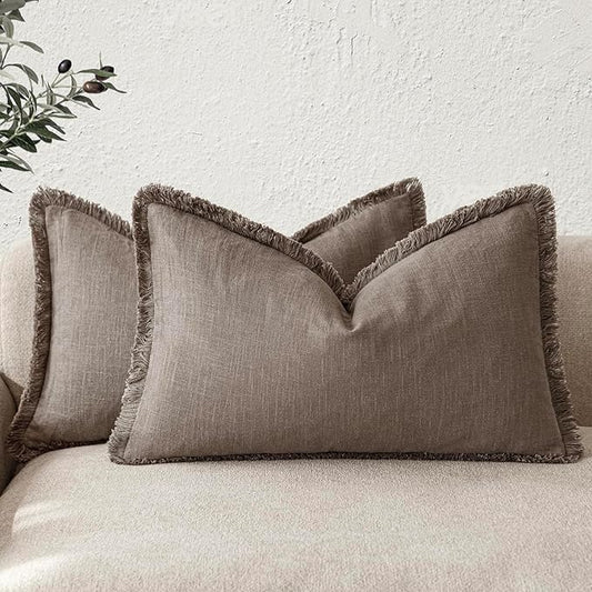 Foindtower Set of 2 Decorative Linen Fringe Lumbar Throw Pillow Covers Boho Farmhouse Cushion Cover with Tassels Accent Pillowcase for Couch Sofa Bed Living Room Home Decor,12×24 Inch,Light Coffee