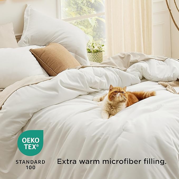 Bedsure Twin XL Comforter Set - Extra Long 5 Pieces White Twin XL Bedding Set for All Seasons, Boho Contrasting Design Bed in a Bag with Comforter, Sheets, Pillowcase & Sham