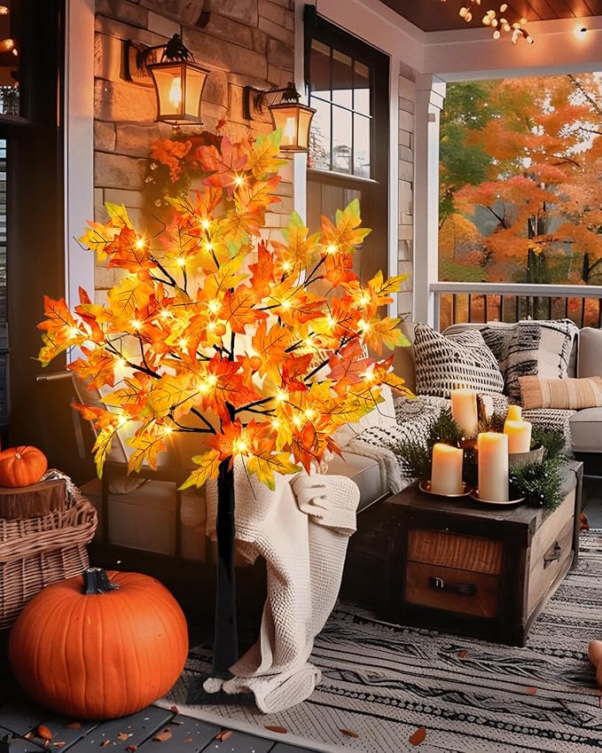 4FT Fall Lighted Maple Trees with 48 LEDs Lights 12 Pumpkins Fake Fall Light Up Tree Artificial Autumn Maple Trees for Indoor Outdoor Thanksgiving Fall Decor