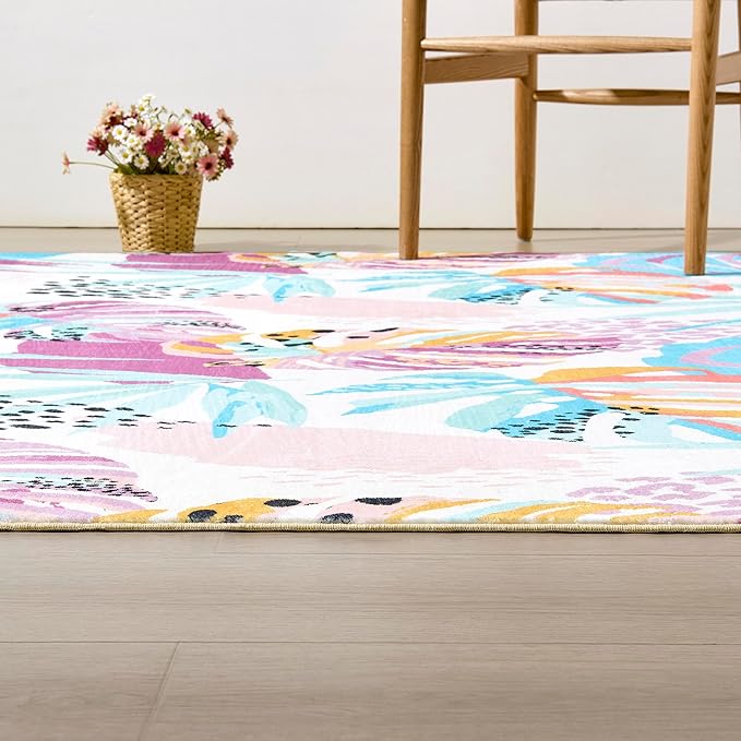 RoomTalks Tropical Leaves Washable Rug, Colorful Pink Blue Boho Cute Floral Aesthetic 5x7 Area Rugs for Bedroom Dorm Living Room Kitchen, Modern Abstract Art Palm Leaf Thin Indoor Entryway Carpet