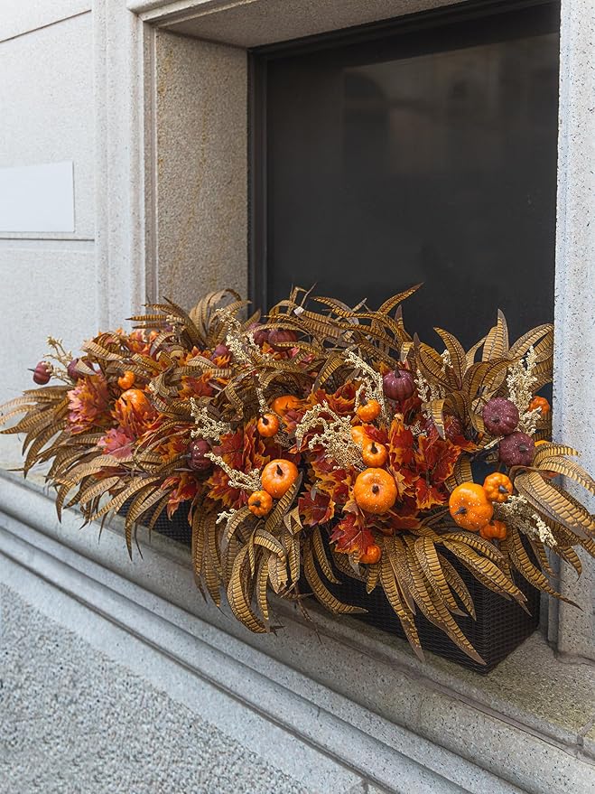 15pcs Outdoor Fall Artificial Branch with Pumpkin, Feather and Maple Leaves for Indoor Outside Hanging Plants Garden Porch Window Box Home Wedding Farmhouse Décor