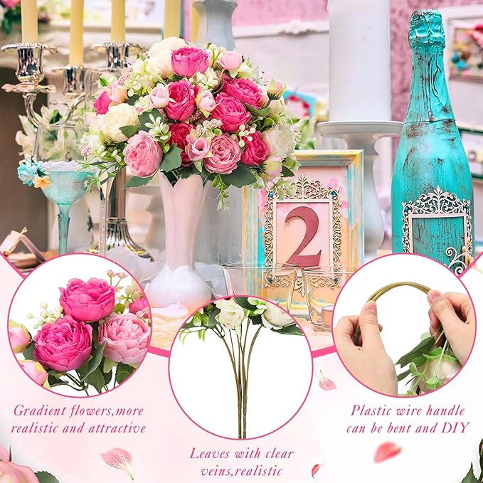 Geosar 8 Bundles Artificial Peonies Flowers Fake Silk Peony Bouquet Faux Peonies Flowers Bulk for Decoration Vase Florals Arrangements Wedding Party Table (Bright Color)