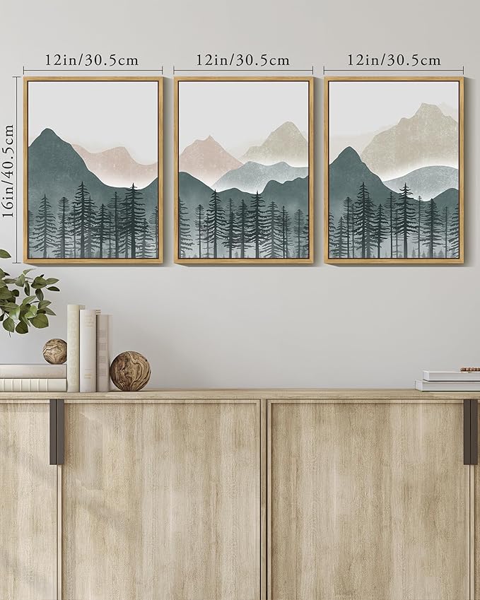 KUVIOKE Mountain Landscape Framed Wall Art Boho Nature Forest Paints Rustic Farmhouse Decor for Bedroom Dining Room Living Room 12x16in (Natural Framed)