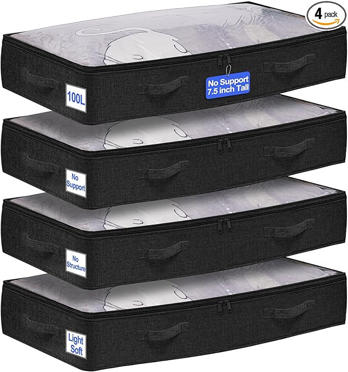 punemi 100L Under Bed Storage Containers (No Support) - 4-Pack Soft-Sided Fabric Storage Bags for Clothes, Comforters & Sweaters - 40x20x7.5in, Flat Closet Organizers for College Dorm, Black