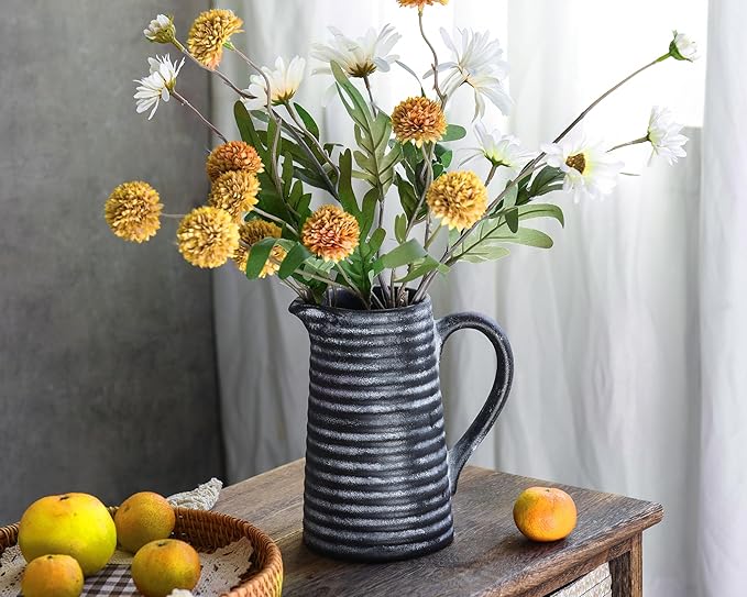 Quoowiit Ceramic Rustic Vase with Handle, Black Distressed Decorative Farmhouse Pitcher Vase for Home Decor Living Room Bedroom Kitchen Office Shelf Decor Centerpiece Table Decoration