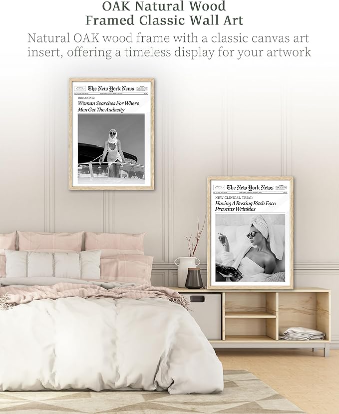 iHery Having A Resting Bitch Face Prevents Wrinkles Newspaper Headline Framed Wall Art, Natural OAK Wood Trendy 12x16 in Vintage Canvas Print For Bedroom, Wall Décor Living Room Bathroom Set of 1
