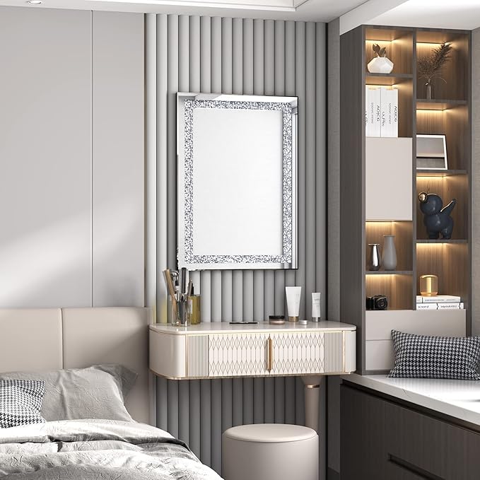 Crystal Decorative Mirror-28 x20 Rectangle Gorgeous Silver Mirror, Crush Diamond Mirror for Wall Decoration Bedroom, Hallway, Dining Room
