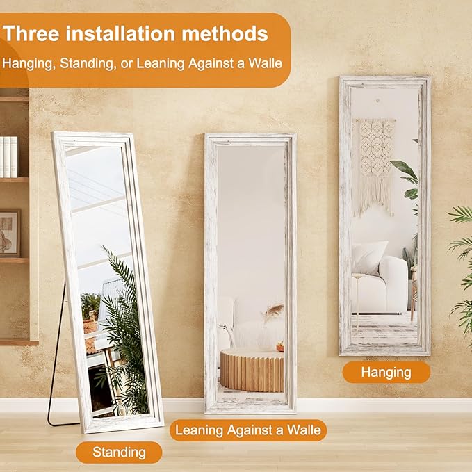 Full Length Mirror,65x22 Inch Full Length Mirror Wall Mounted,Vertical Hanging,Leaning Standing for Bedroom,Living Room,Rectangular Wooden Frame,Wood White Color.