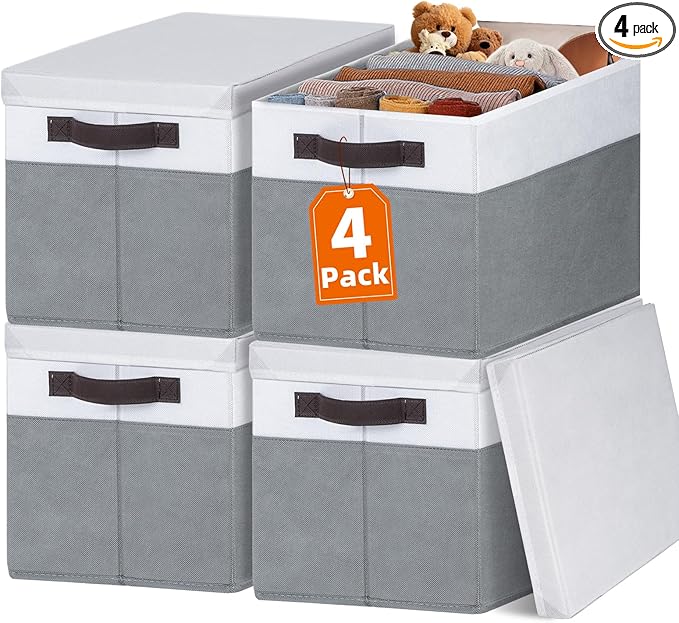 Criusia Large Storage Baskets Bins with Lids 4 Pack, Storage Baskets for Organizing Shelves Nursery Bedroom, Home Closet Organizers Cubes for Clothes Toys Blanket - Stackable & Sturdy -14x10x9.5