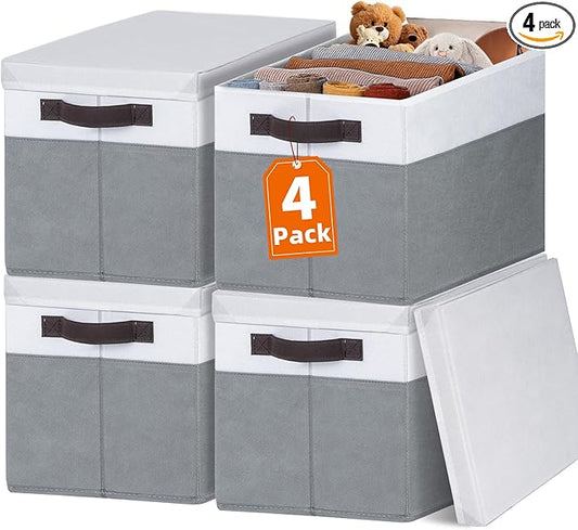 Extra Large Storage Baskets with Lids 4 Pack, 33 QT Blanket Basket for Organizing/ Stackable Decorative Closet Organizers and Storage Box for Clothes Towels/ Toy Organizers Bins with Handles/ 16x12