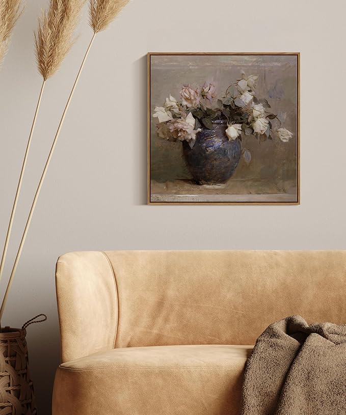 InSimSea Square Framed Canvas Wall Art, Flowers Prints Farmhouse Classical Floral Rose in Vase Pictures Wall Decor, Vintage Canvas Paintings Wall Decor for Living Room, Bathroom Kitchen 16"x16"