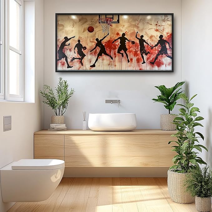 Flintis Large Basketball Sports Framed Wall Art Basketball Players Pictures Wall Decor Abstract Graffiti Canvas Painting Print Artworks Framed for Living Room Bathroom Master Bedroom 60L X 30W