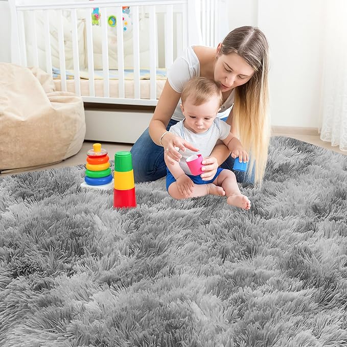 Tie Dye Grey Rug for Living Room 5x8ft Fluffy Modern Shag Area Rug Mat Bedside Throw Rug for Bedroom Kids Room Boys Teens Nursery Baby Dorm Office Home Decor Soft and Cozy Carpets