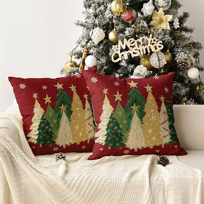 AVOIN colorlife Christmas Trees Star Red Throw Pillow Covers Set of 2, 18 x 18 Inch Snowflake Seasonal Winter Holiday Cushion Case Decoration for Sofa Couch
